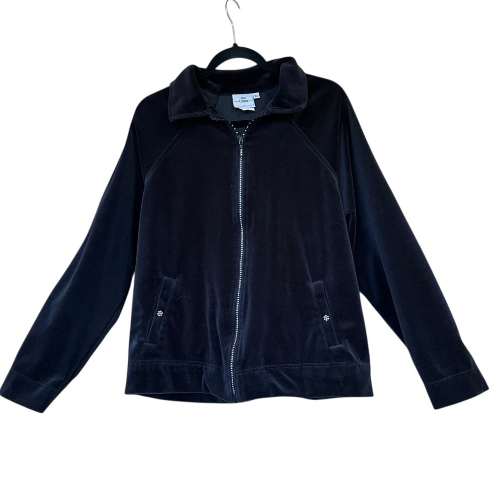Hot Cotton XL Velvet Full Zip Black Bling Track Jogger Workout Jacket Y2K Vtg